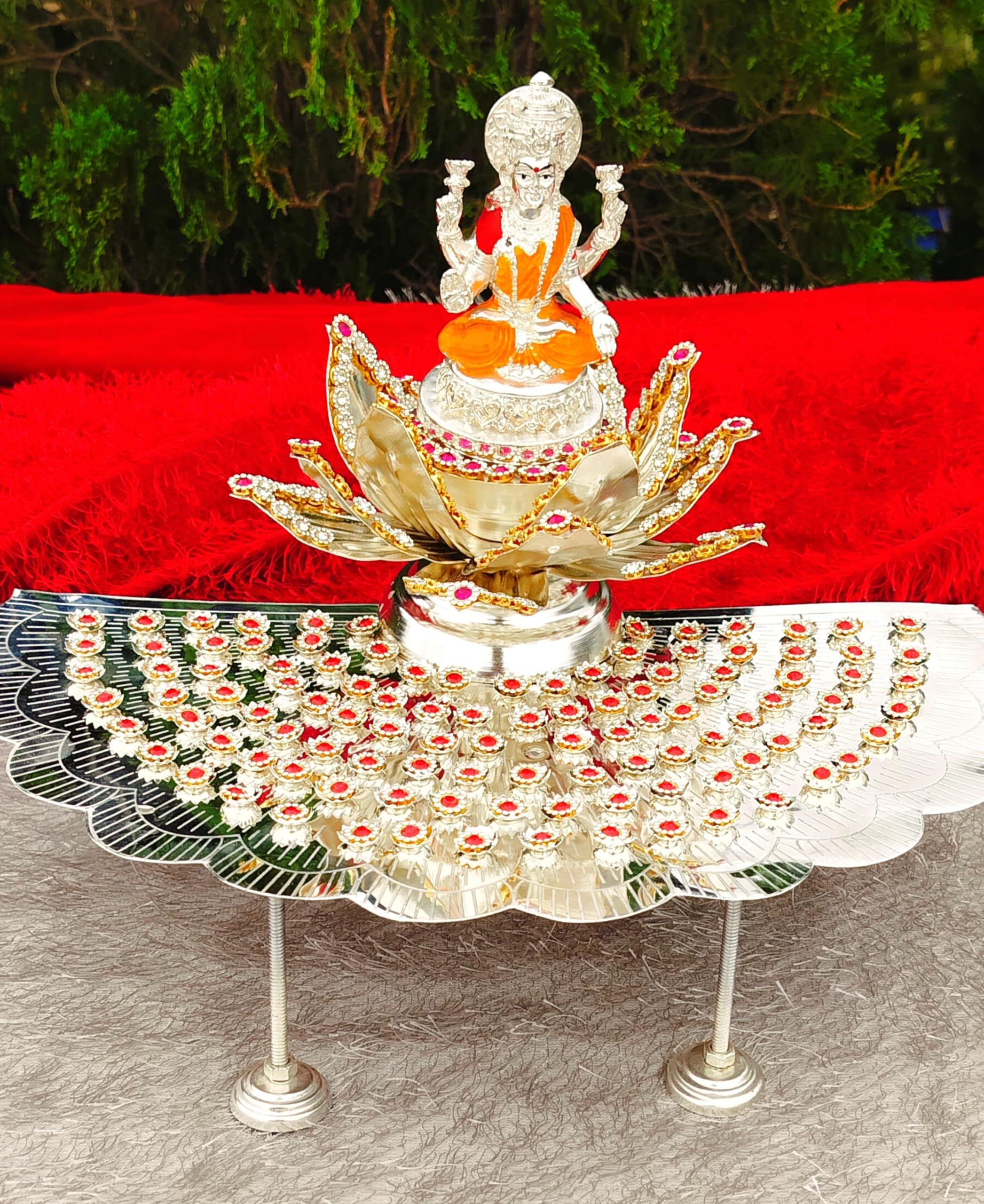 German silver 108 flower stand , Lotus sing Hasan with Laxmi idol & 108 flower